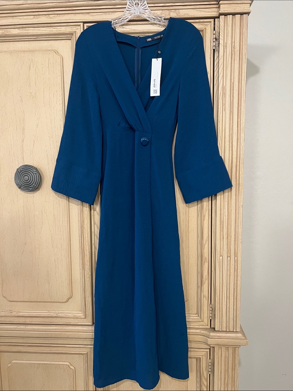 Zara Teal V-Neck Long Sleeve Midi Dress